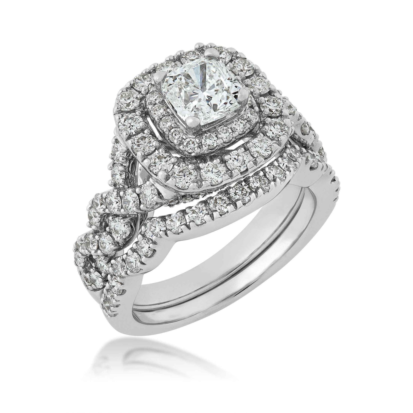Natural 2-1/2 ct. tw. Cushion Diamond Double Halo Twist Wedding Set in 14K White Gold front view