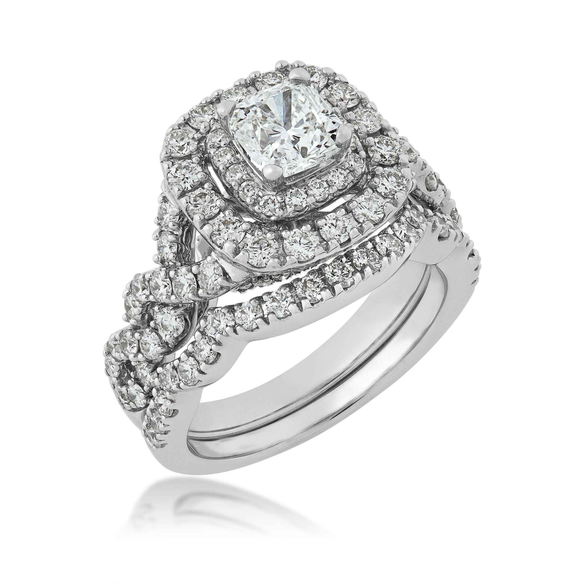 Natural 2-1/2 ct. tw. Cushion Diamond Double Halo Twist Wedding Set in 14K White Gold front view