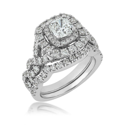 Natural 2-1/2 ct. tw. Cushion Diamond Double Halo Twist Wedding Set in 14K White Gold front view