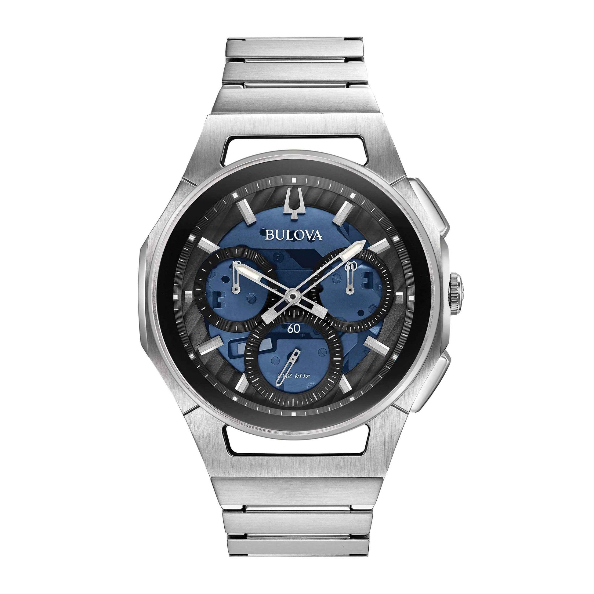 Bulova Men's Curv 5-Hand Chronograph Watch with Dark Blue Dial and Silver Bracelet