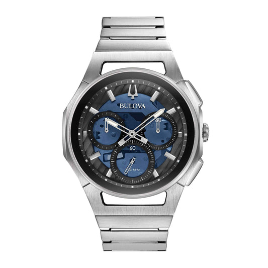 Bulova Men's Curv 5-Hand Chronograph Watch with Dark Blue Dial and Silver Bracelet