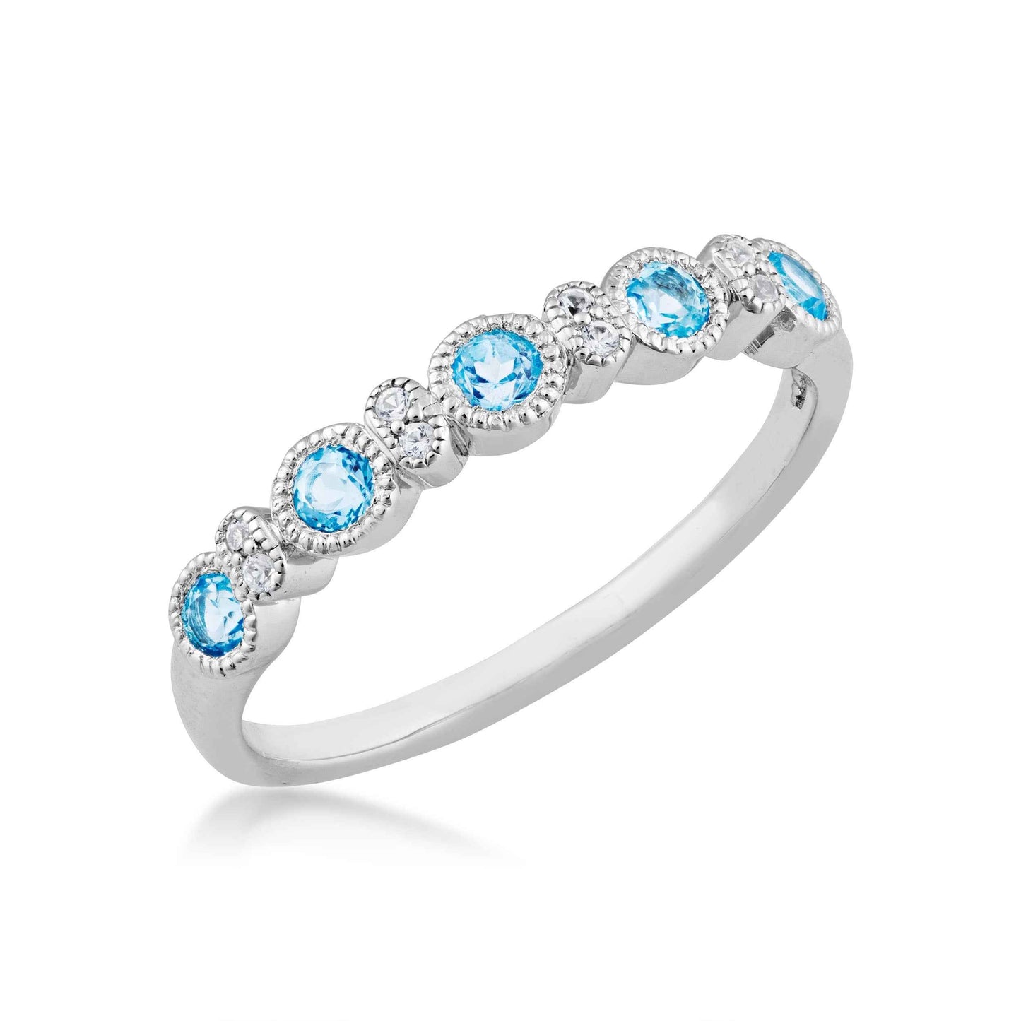 Swiss Blue Topaz and Created White Sapphire Milgrain Stackable Ring in Sterling Silver front view