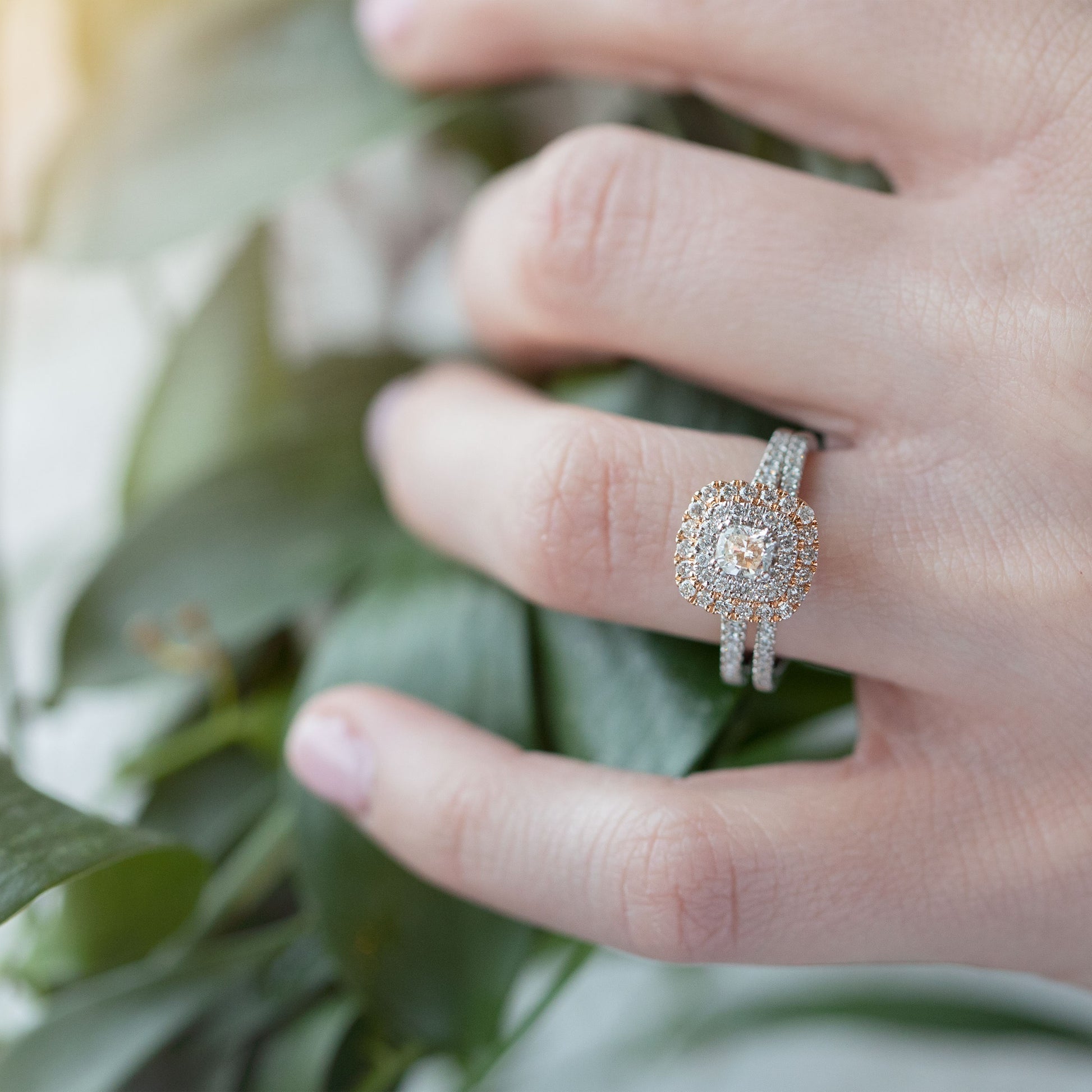 Amaura Collection 7/8 ct. tw. Cushion Cut Double Halo Diamond Wedding Set in 14K Two-Tone Gold angled view