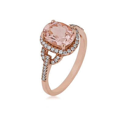 Oval Morganite Ring with 1/4 ct. tw. Diamond Halo and Band in 10K Pink Gold front view