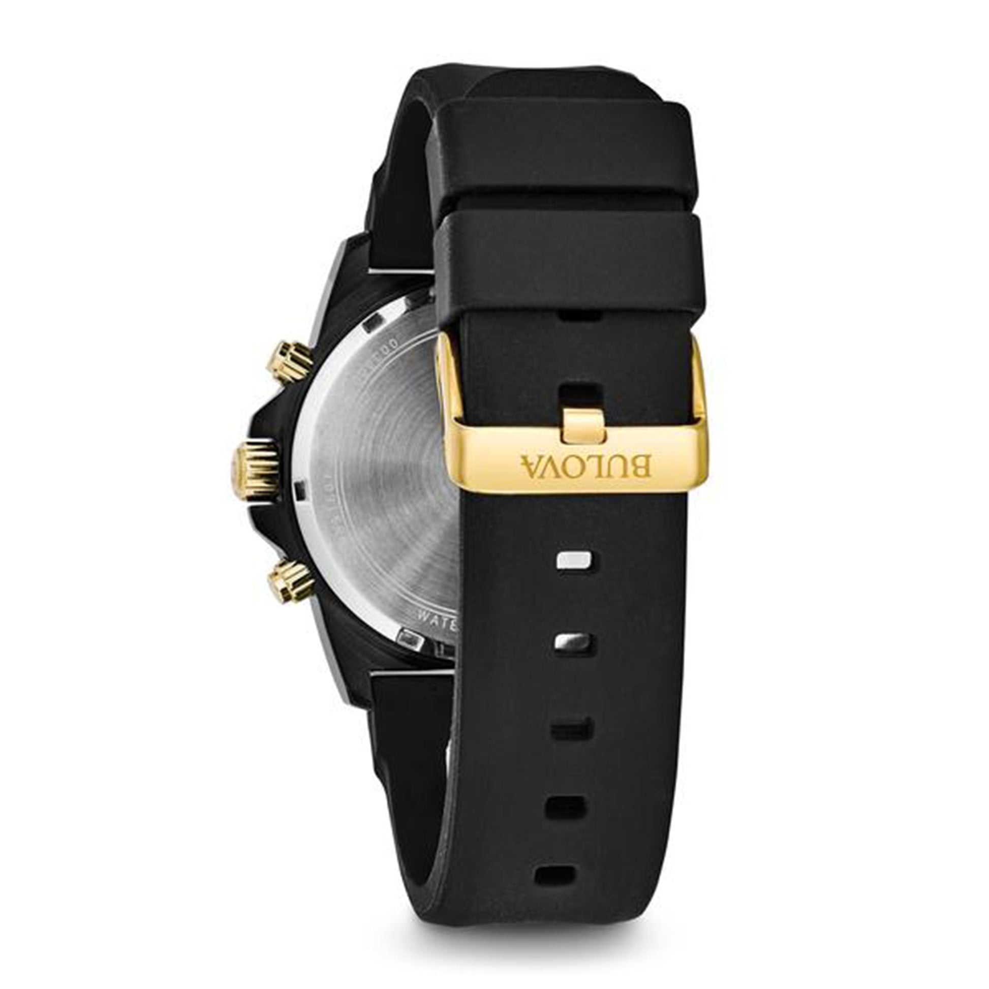 Bulova Marine Star Collection Men's 6 Hand Chronograph Watch with Calendar in Black & Gold Tone Stainless close-up detail