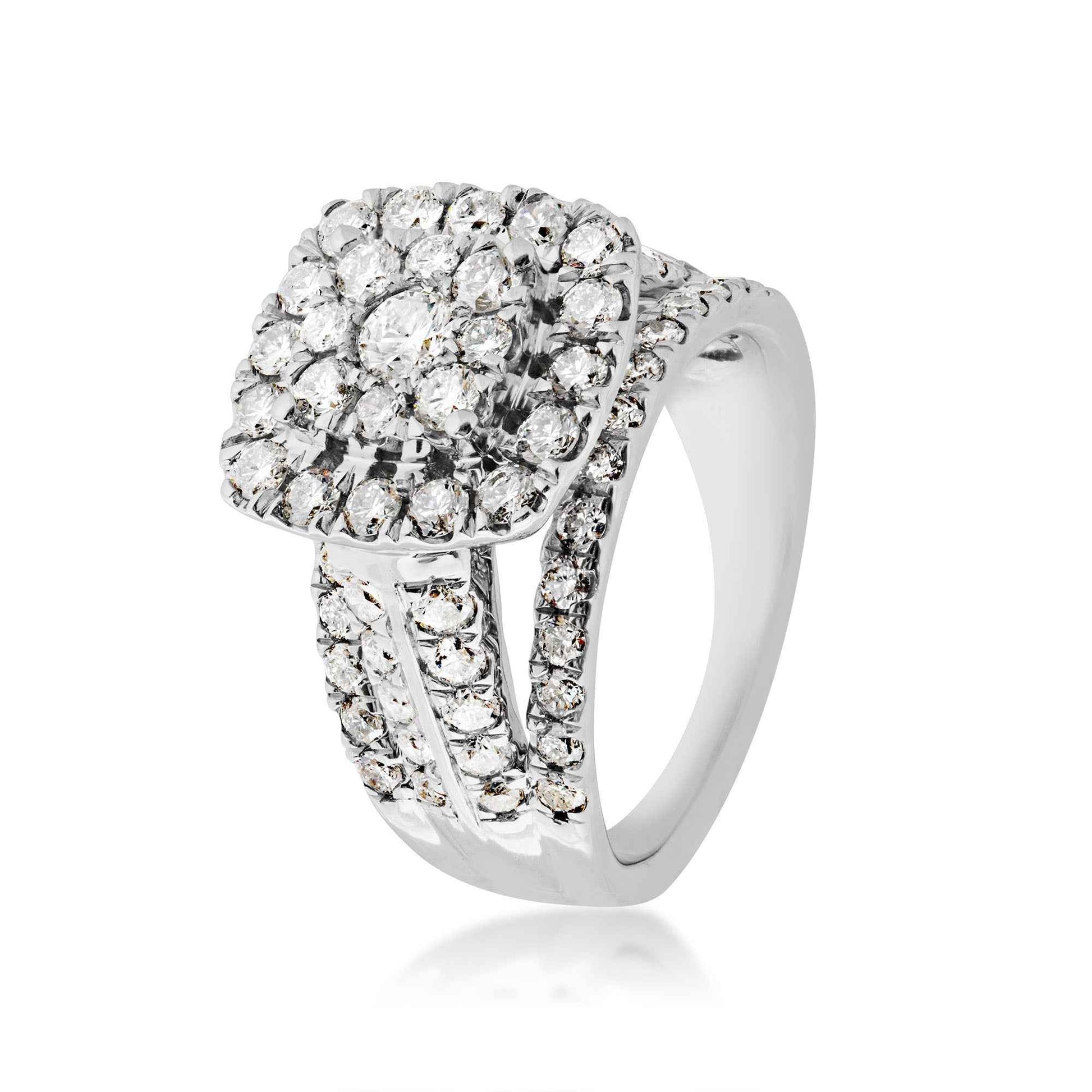 Fairytale Diamonds 2 ct. tw. Cushion Cut Cluster Halo Diamond Engagement Ring with Split Shank Accented Band in front view