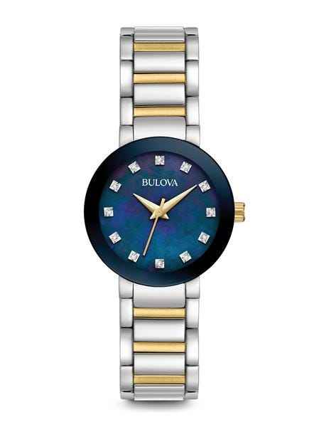 Bulova Modern Collection Ladies' Blue Mother-of-Pearl Watch with12 Diamond Accents in Two-Tone Stainless Steel