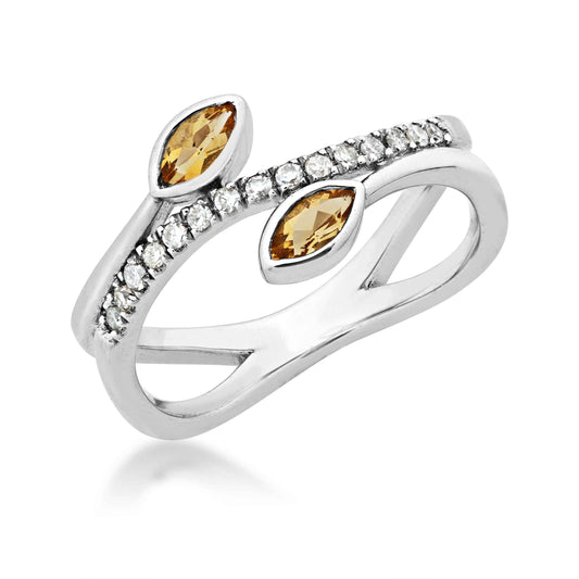 Marquise Citrine and 1/6 ct. tw. Diamond Fashion Ring with Leaf Design in Sterling Silver front view