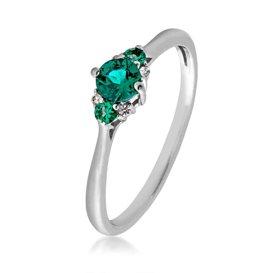 Created Round Emerald & White Sapphire Ring in Sterling Silver front view