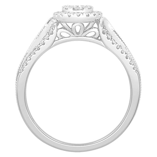 1/2 ct. tw. Oval Cluster with Halo Diamond Engagement Ring with Double Pave Diamond Band in 10K White Gold front view