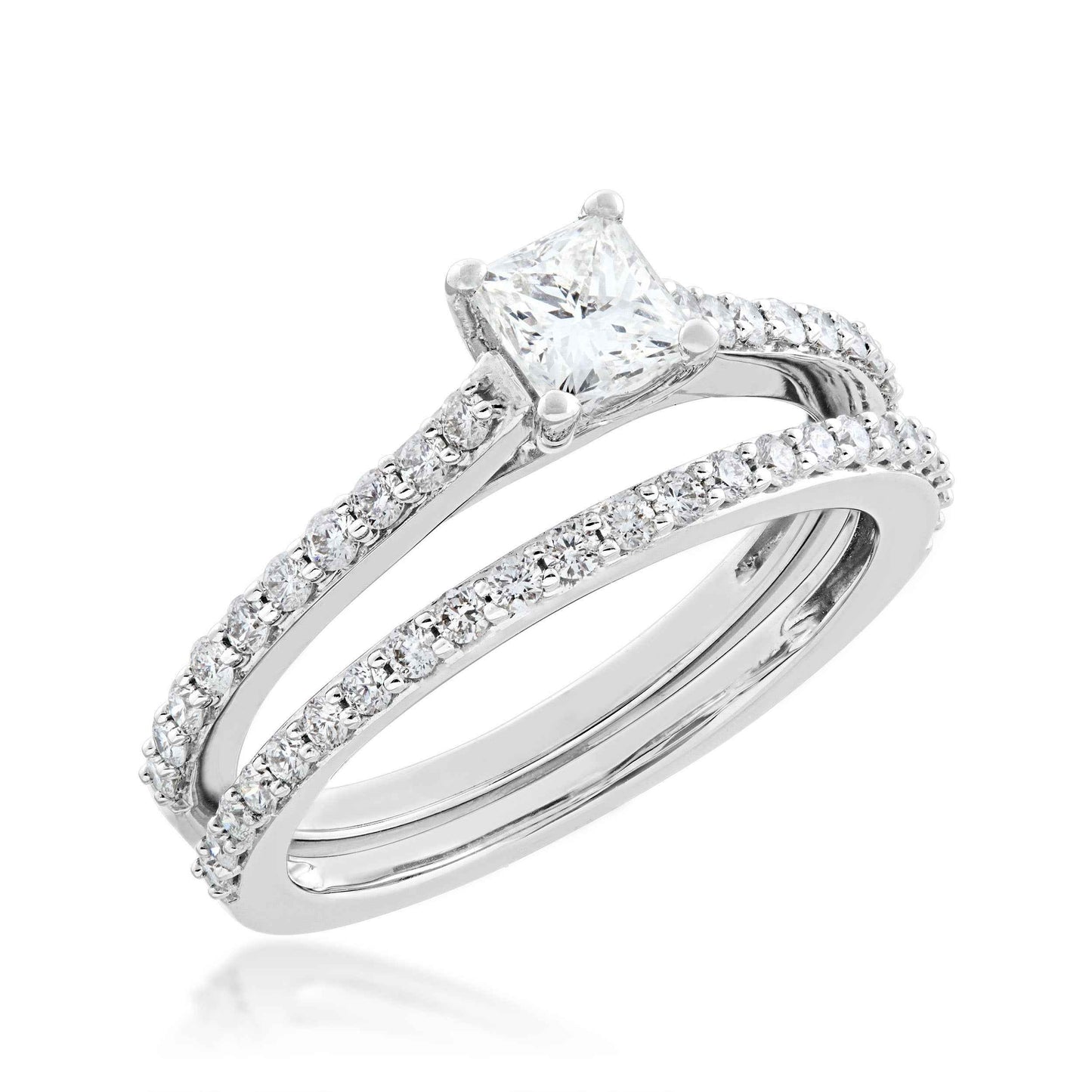 Noventa 1 ct. tw. Classic Princess Cut Diamond Wedding Set in 14K White Gold close-up detail