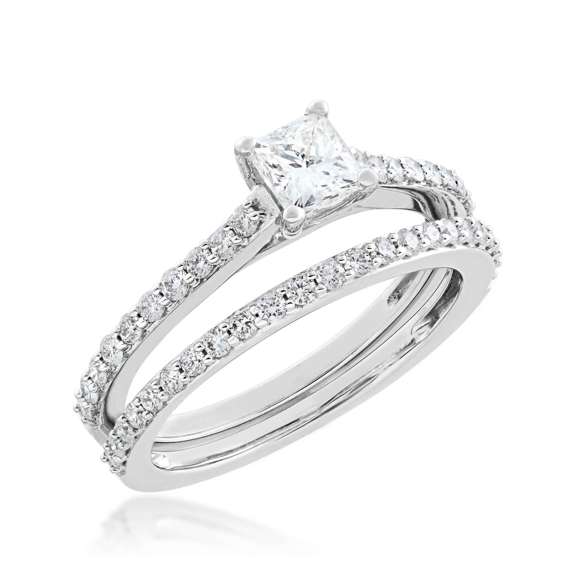 Noventa 1 ct. tw. Classic Princess Cut Diamond Wedding Set in 14K White Gold close-up detail