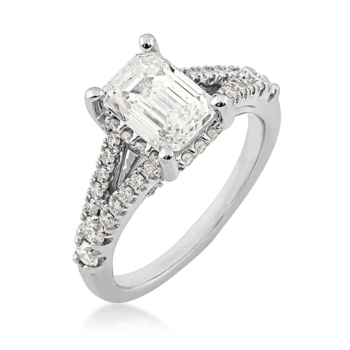 Adamante 2-3/4 ct. tw. Lab-Grown Emerald Cut Diamond Split Shank Engagement Ring in 14K White Gold front view