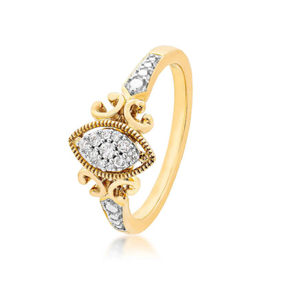 I Promise 1/10 ct. tw. Diamond Marquise Cluster Promise Ring with Filigree Inspired Band & Milgrain Halo in 10K front view