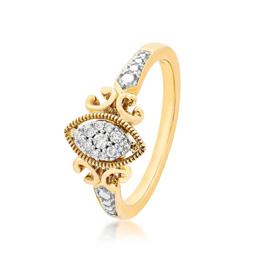 I Promise 1/10 ct. tw. Diamond Marquise Cluster Promise Ring with Filigree Inspired Band & Milgrain Halo in 10K front view