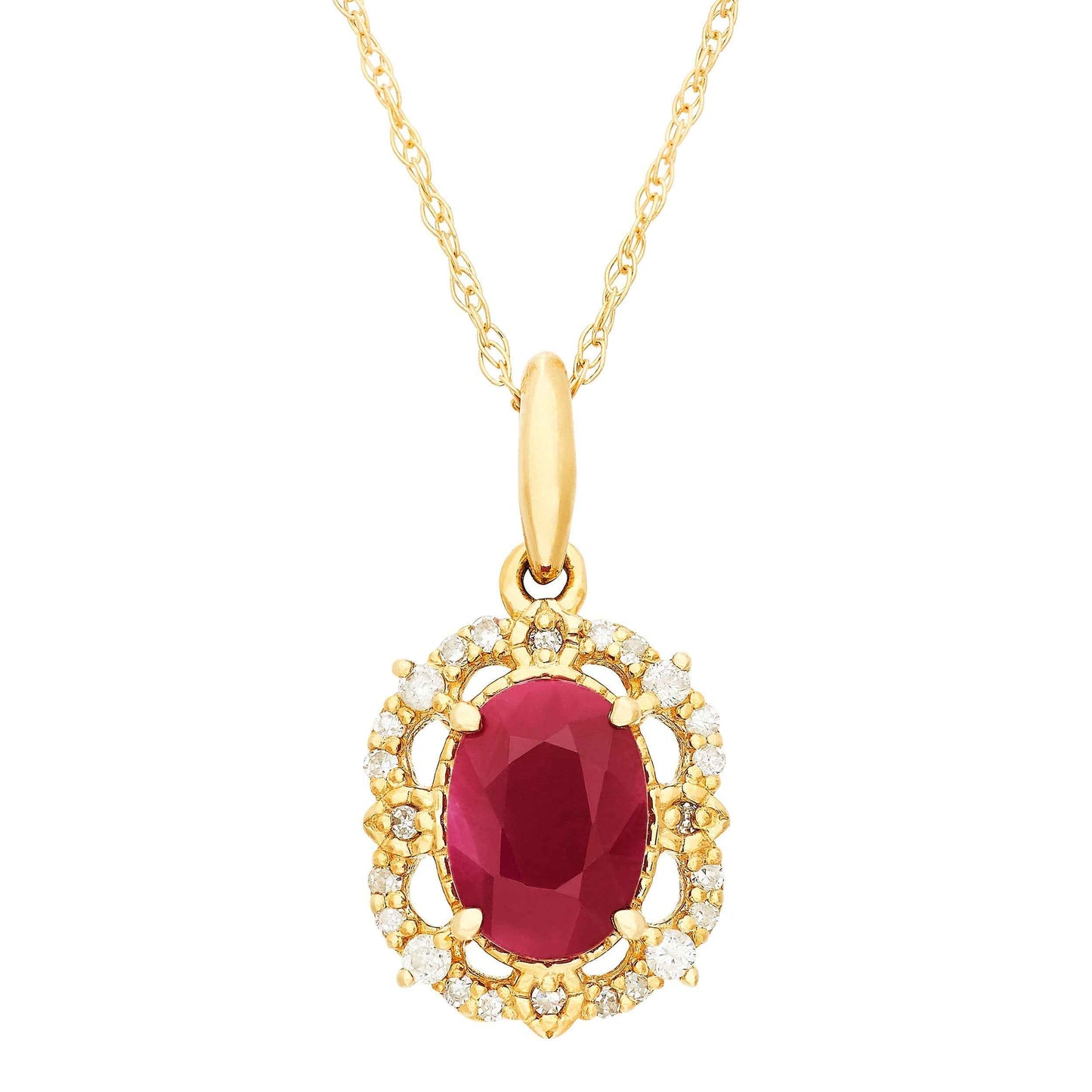 Genuine Oval Ruby Pendant with 1/10 ct. tw. Diamond Pave Halo in 10K Yellow Gold
