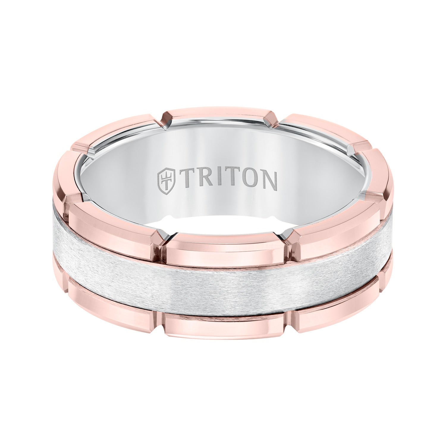 Men's Triton 8MM White and Pink Tungsten Wedding Band front view
