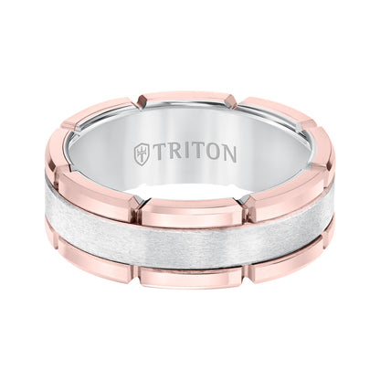 Men's Triton 8MM White and Pink Tungsten Wedding Band front view