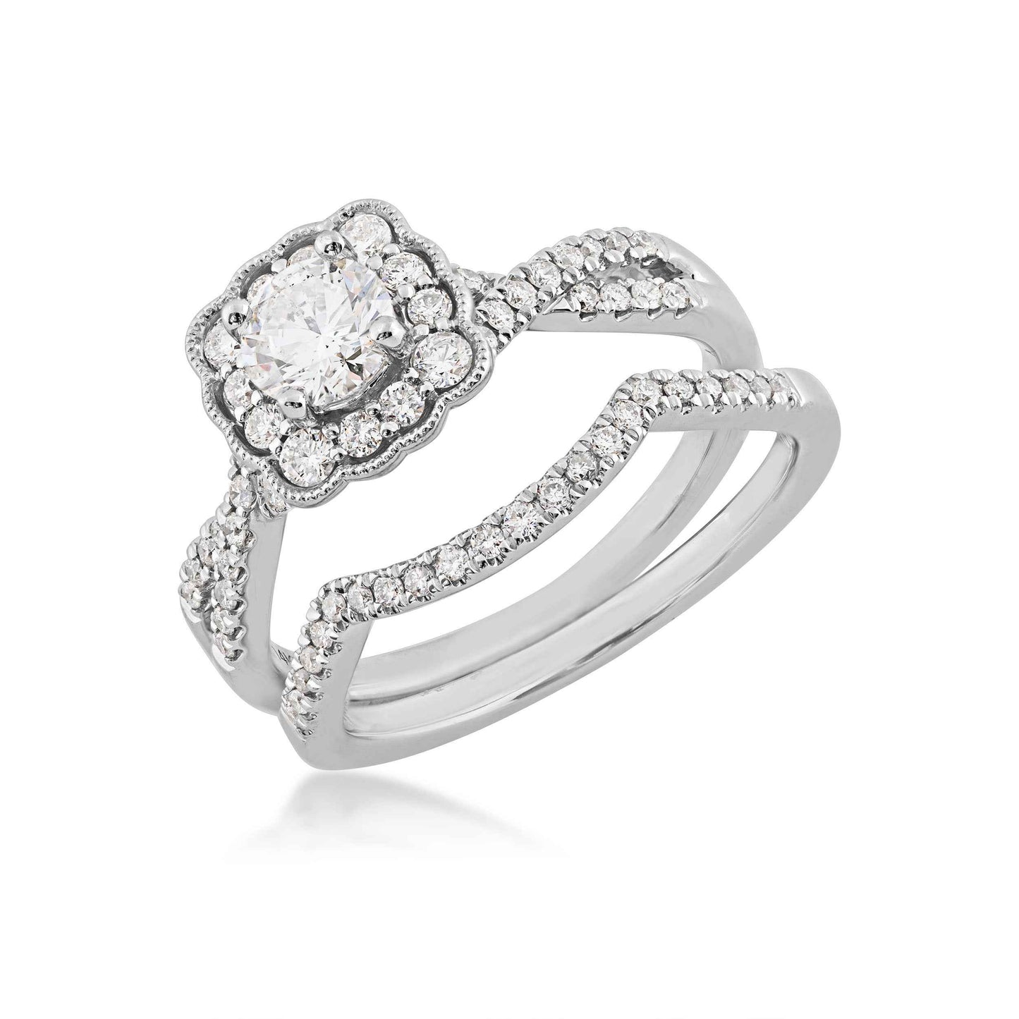 Natural 1 ct. tw. Round Brilliant Diamond Square Scalloped Halo Wedding Set in 14K White Gold close-up detail