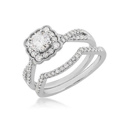 Natural 1 ct. tw. Round Brilliant Diamond Square Scalloped Halo Wedding Set in 14K White Gold close-up detail