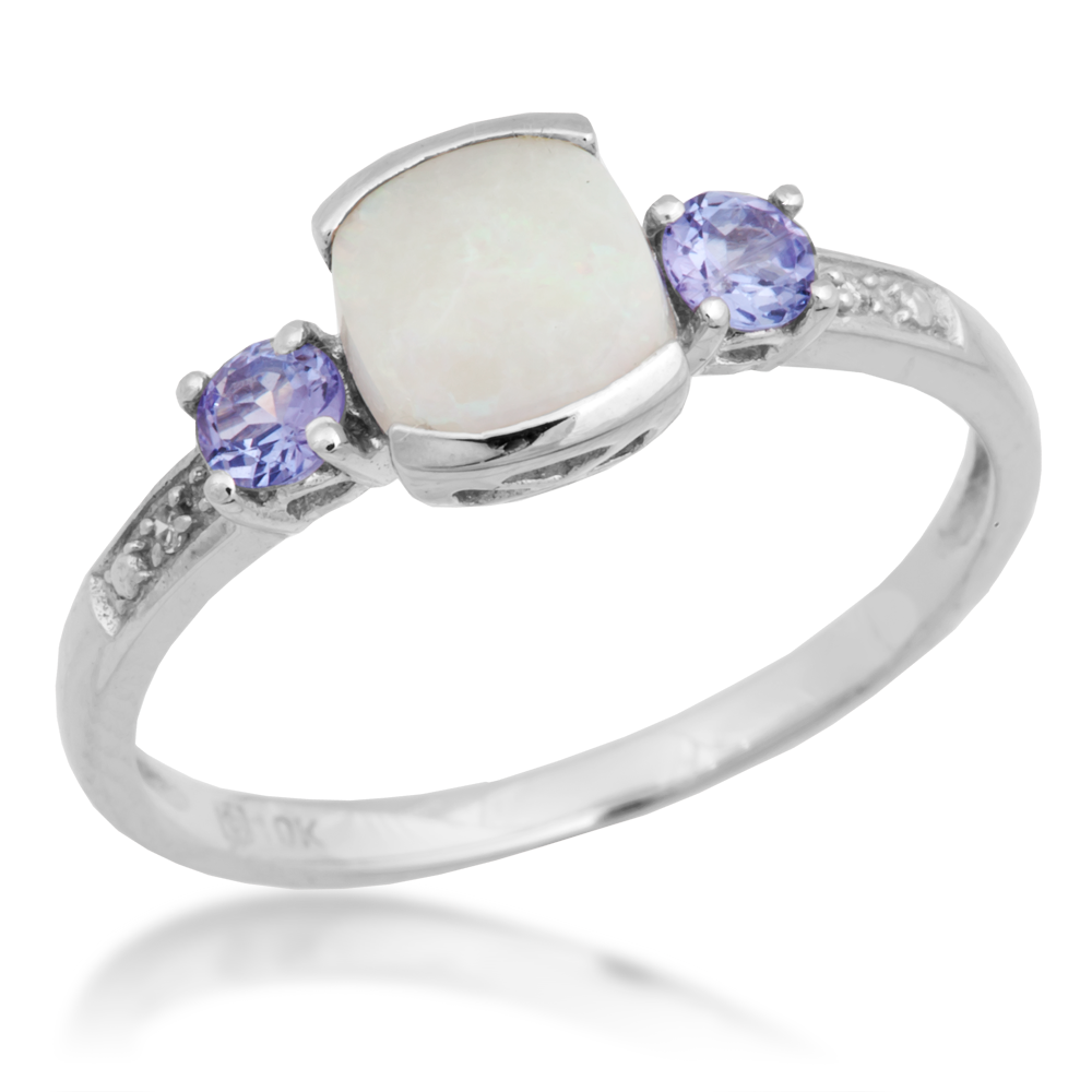 Genuine Cushion Cut Opal & Round Tanzanite Fashion Ring in 10K White Gold