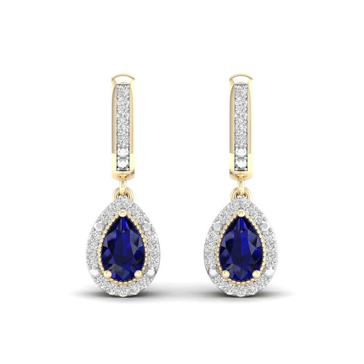 Blue Pear-Shaped Sapphire and 1/10 ct. tw. Diamond Halo Earrings with Milgrain and Filigree Design in 10K close-up detail (2)