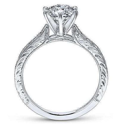Gabriel & Co. .10 ct. Vintage Style Semi-Mount Engagement Ring with Side Carved Design and Milgrain Detailing in front view