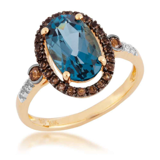 Oval London Blue Topaz & Smokey Quartz Halo & Diamond Accent Ring in 10K Yellow Gold