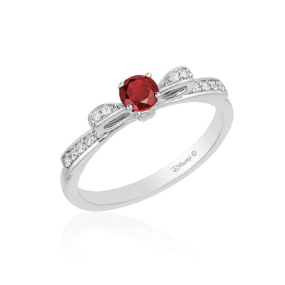 Enchanted Disney Snow White Garnet and 1/10 ct. tw. Diamond Bow Ring in Sterling Silver front view