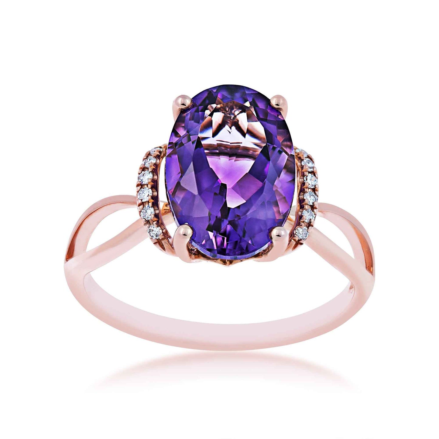 Impulse Collection Oval Amethyst & Diamond Accent Split Shank Ring in 14K Pink Gold