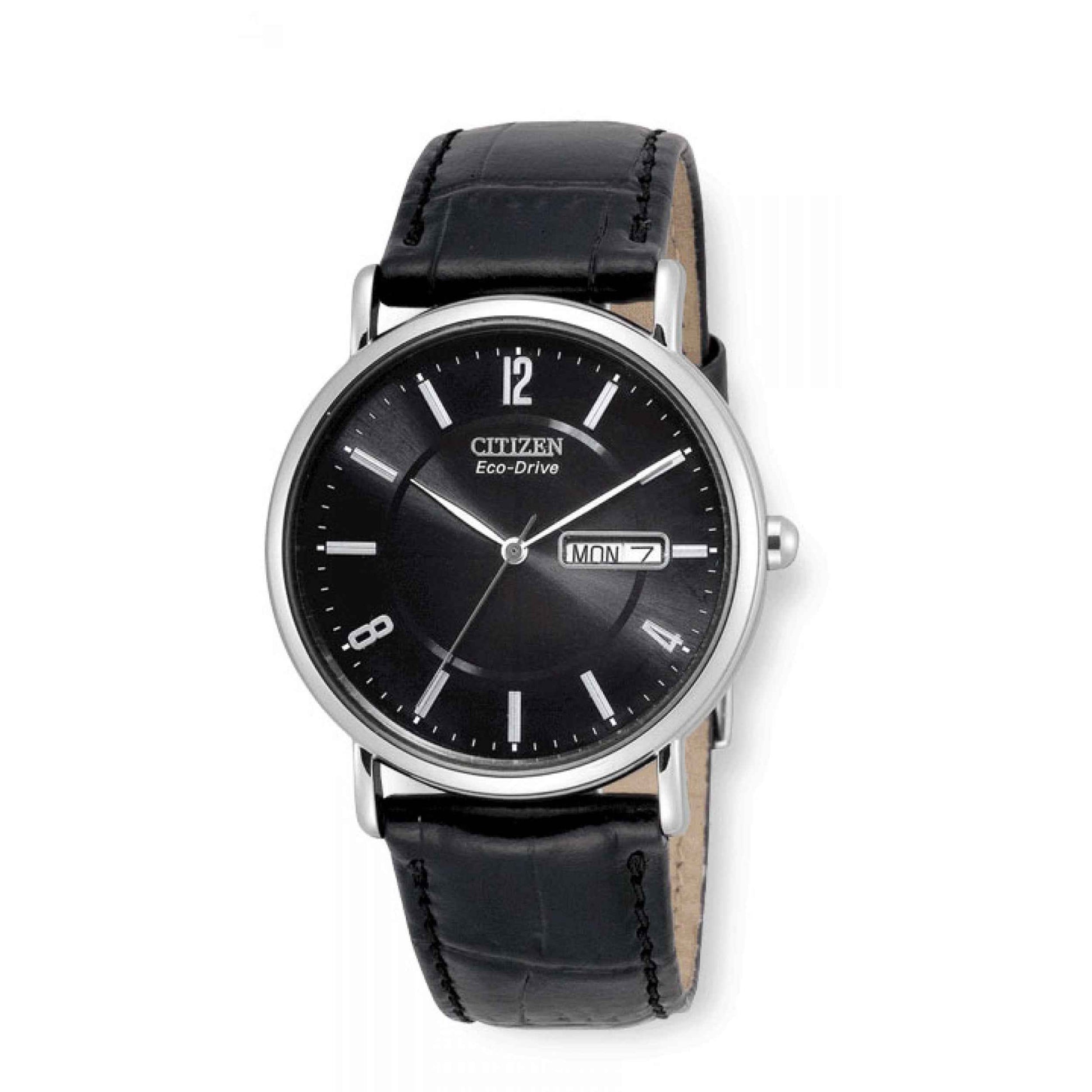 Citizen Men's Eco-Drive Classic Black Dial Watch with Calendar Feature in Stainless Steel Case with Black Crocodile Stamped