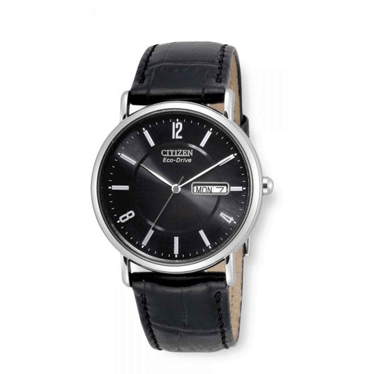 Citizen Men's Eco-Drive Classic Black Dial Watch with Calendar Feature in Stainless Steel Case with Black Crocodile Stamped