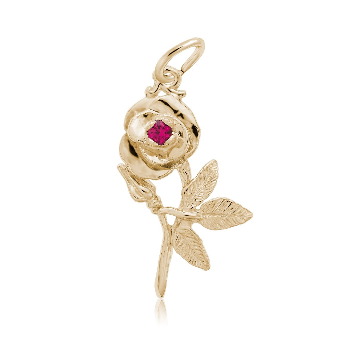 Rose Charm with Red CZ in 14K Yellow Gold