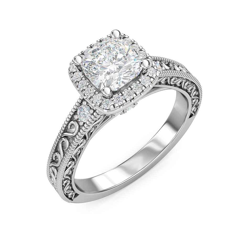 Designed With Love 1/5 ct. tw. Diamond Halo Semi-Mount Engagement Ring with Filigree & Milgrain Band in 14K White front view