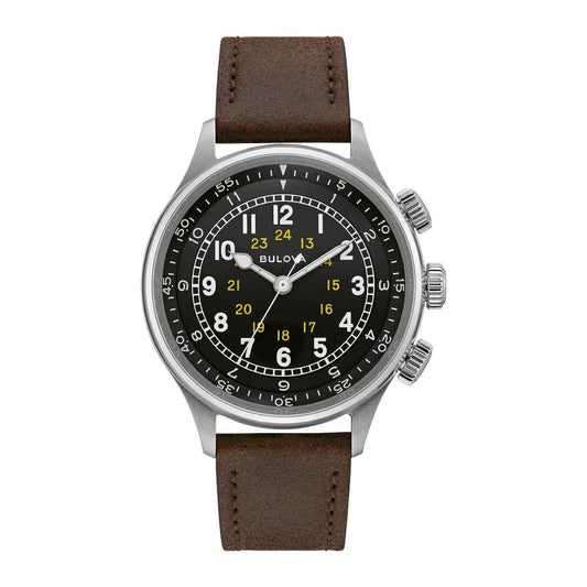 Bulova Men's A-15 Pilot Stainless Steel Watch with Black Dial and Brown Leather Strap