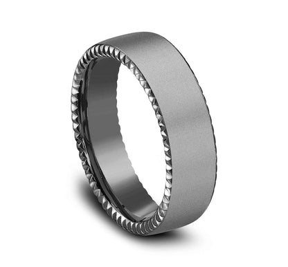 Benchmark Men's 6.5mm Wedding Band with Rivet Coin Edging in Tantalum front view