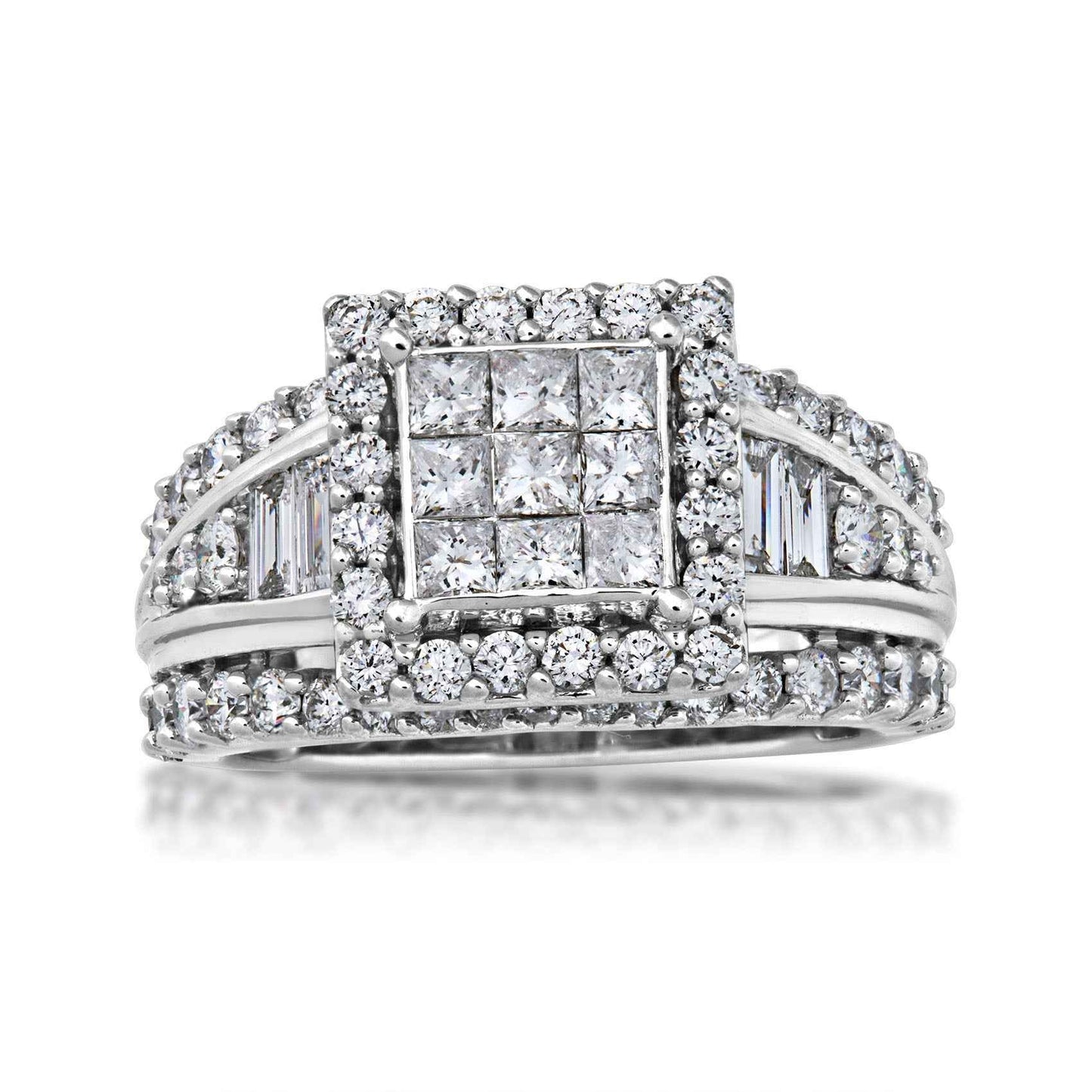 Fairytale Diamonds 2 ct. tw. Princess Cut Quad Halo Engagement Ring with Straight Baguette Side Accents in 10K White Gold