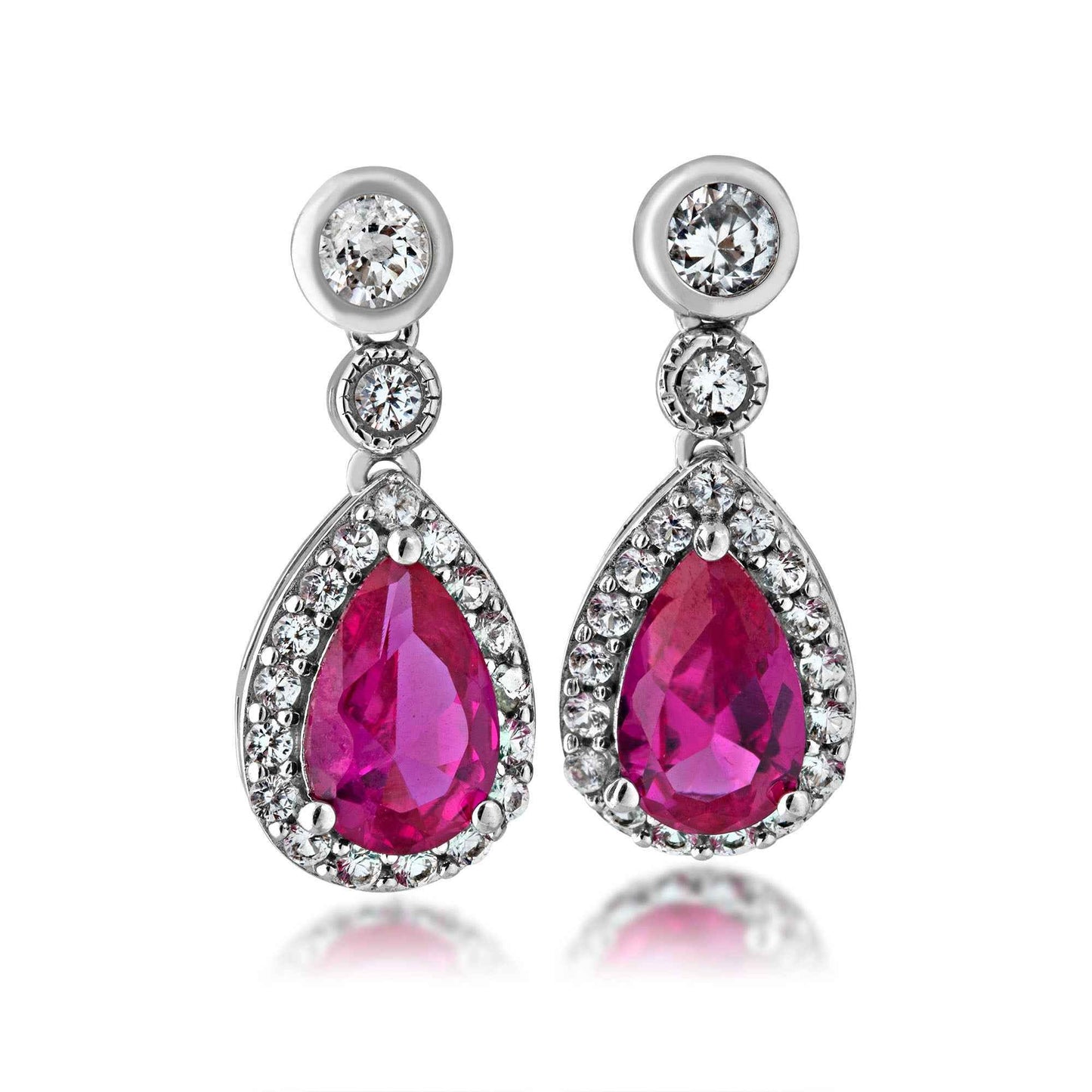 Created Pear Shaped Ruby & White Sapphire Halo Dangle Earrings in Sterling Silver