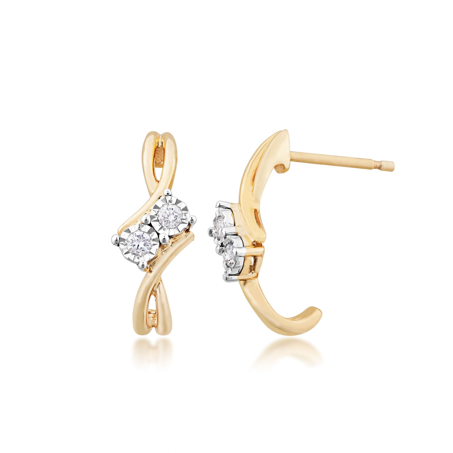 2BeLoved 1/6 ct. tw. 2 Stone Diamond 'J' Hoop Earrings with Miracle Plating in 10K Yellow Gold