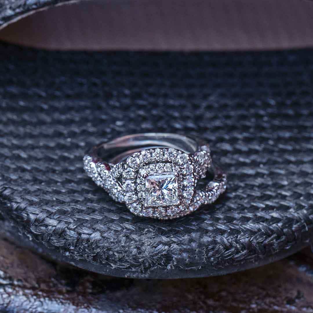 Natural 2-1/2 ct. tw. Princess Cut Diamond Double Halo Twist Wedding Set in 14K White Gold side profile