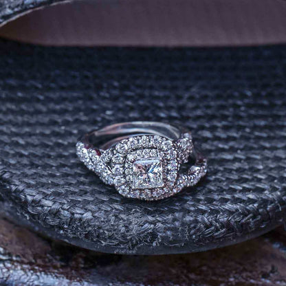 Natural 2-1/2 ct. tw. Princess Cut Diamond Double Halo Twist Wedding Set in 14K White Gold side profile