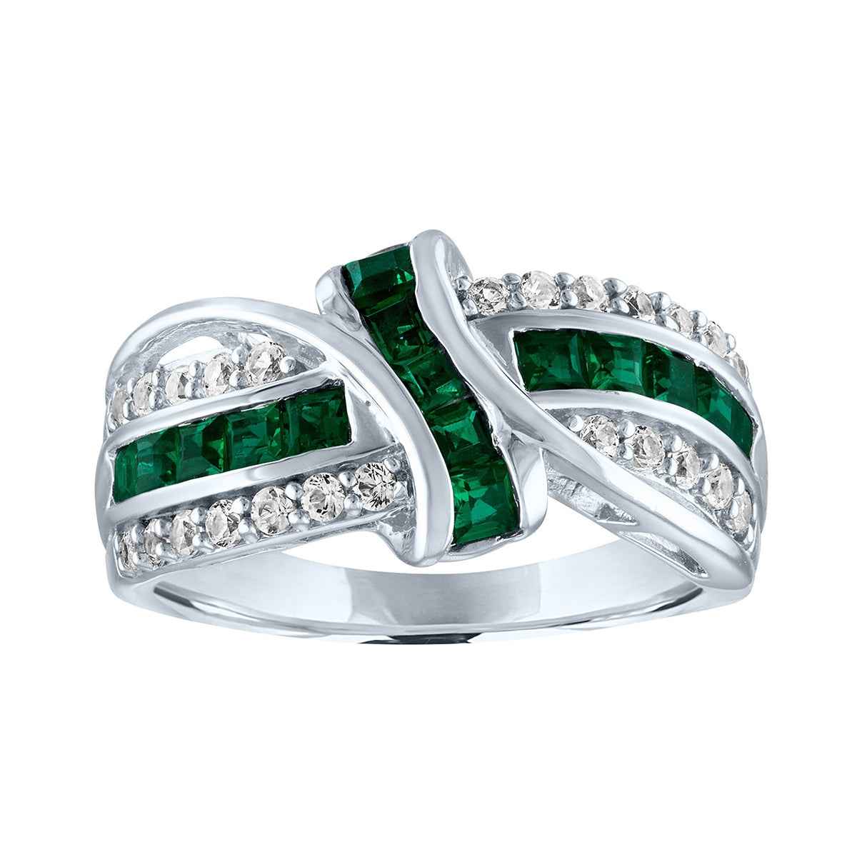Created Emerald and White Sapphire Fashion Ring with Knot-Inspired Design in Sterling Silver
