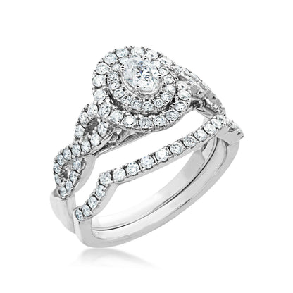 Natural 1 ct. tw. Oval Diamond Double Halo Twist Wedding Set in 10K White Gold close-up detail