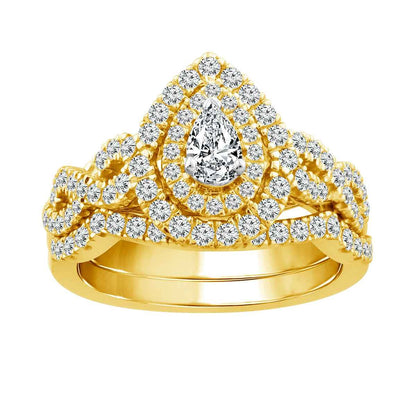 Natural 1 ct. tw. Pear Diamond Double Halo Twist Wedding Set in 10K Yellow Gold