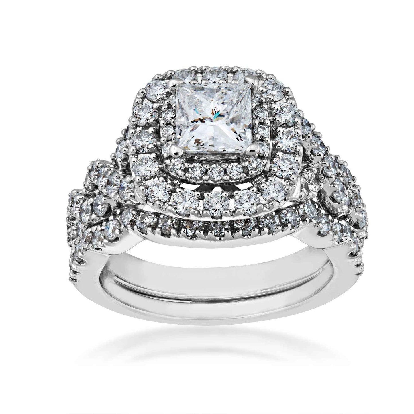 Natural 2-1/2 ct. tw. Princess Cut Diamond Double Halo Twist Wedding Set in 14K White Gold