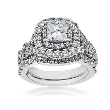 GOLD TAG Natural 2-1/2 ct. tw. Princess Cut Diamond Double Halo Twist Wedding Set in 14K White Gold