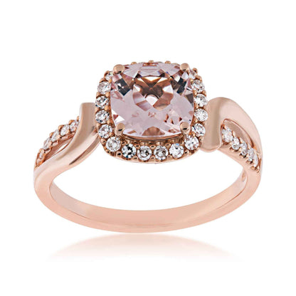 Genuine Cushion Cut Morganite Ring with 1/4 ct. tw. Round Diamond Halo in 10K Pink Gold
