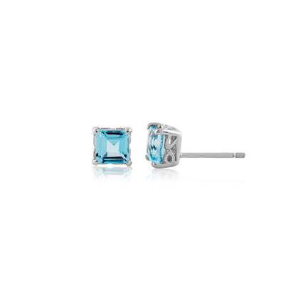 Square Swiss Blue Topaz Stud Earrings in 10K White Gold