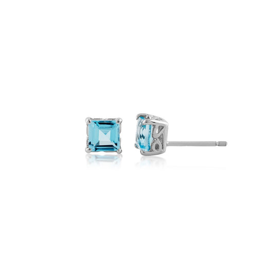 Square Swiss Blue Topaz Stud Earrings in 10K White Gold