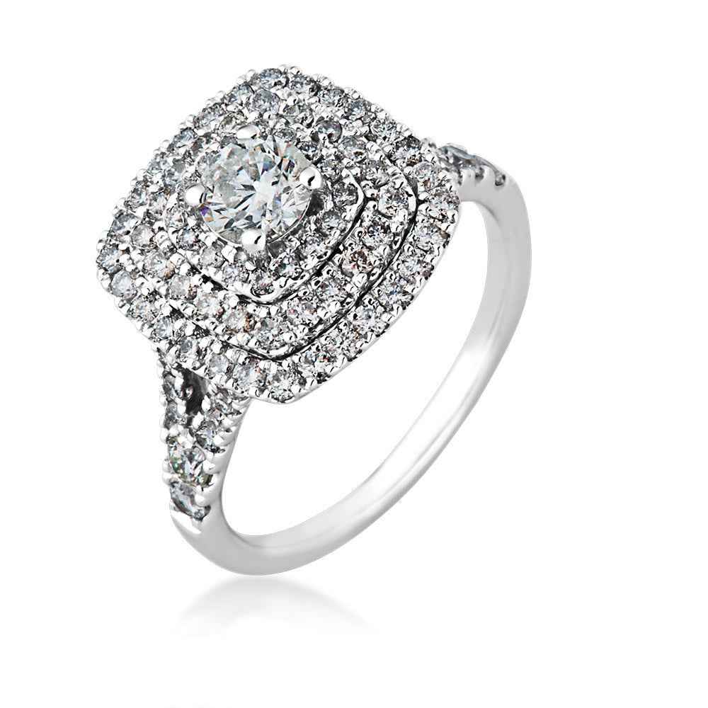 1-1/2 ct. tw. Round Brilliant Triple Halo Engagement Ring with Split-Shank Accented Band in 14K White Gold close-up detail